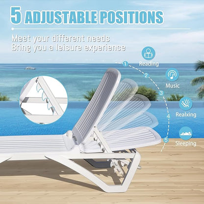 Domi Patio Outdoor Chaise Lounge Chairs Set of 4, All-Weather Plastic Adjustable Reclining Loungers, Stackable Tanning Lounge Chair w/Wheels, for Beach Garden Lawn Pool, White
