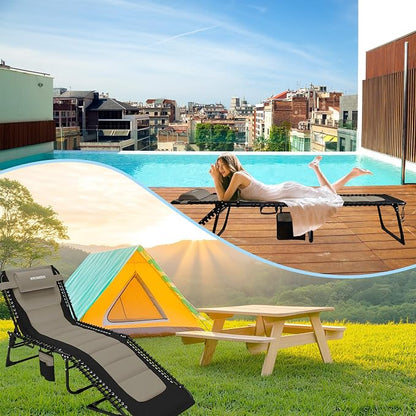 Outdoor Folding Lounge Chair Padded for Adults 264Ibs Patio Chaise Lounge Chair for Outside Adjustable 5-Position Reclining Beach Chair with Pillow Pocket
