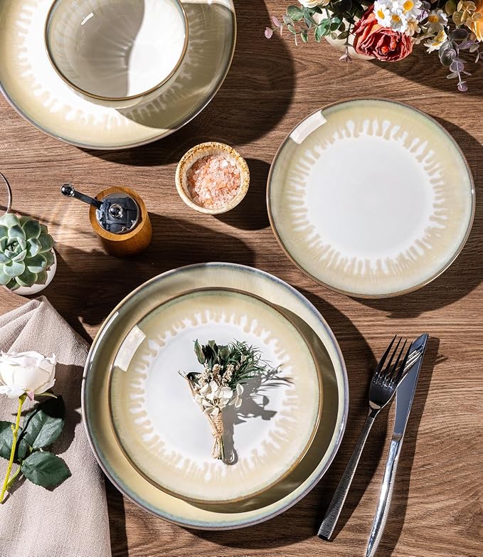 LERATIO Ceramic Dinnerware Sets for 4,Reactive Glaze Plates and Bowls Set with Mugs, Dishwasher,Microwave & Oven Safe Dishes set-Sage Ivory