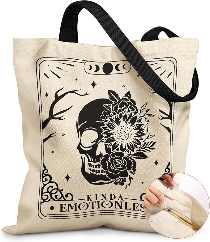 Miss Adola Canvas Tote Bag for Women – Aesthetic Canvas Bag with Zipper Cute Stylish Reusable Shoulder Totes for Shopping Work Daily Vacation, Skull Flower