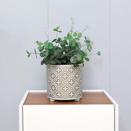 8 Inch Flowerpot, Planter for Indoor Plant, Indoor & Outdoor Plants Pot with Drainage Hole - for Decoration of Home Garden & Terrace, White & Gold