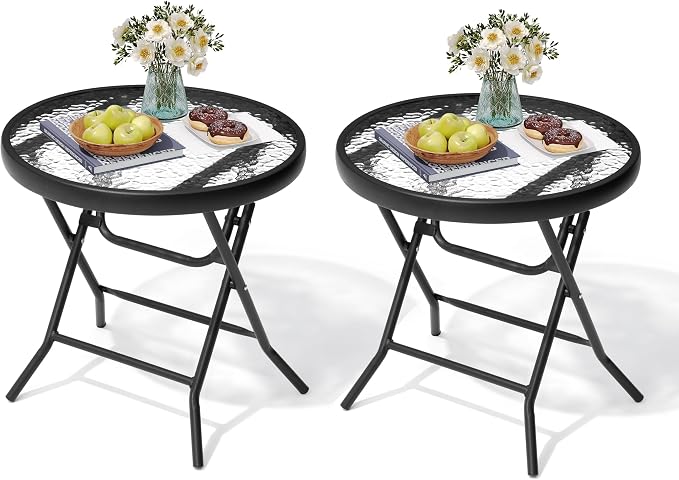 Foldable Patio Side Table Set of 2 with Tempered Glass Top 18" Folding Outdoor Side Tables Set of 2 Small Glass Patio End Tables for Porch Yard Balcony Deck Lawn Dining Garden (Black)