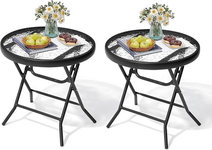 Foldable Patio Side Table Set of 2 with Tempered Glass Top 18" Folding Outdoor Side Tables Set of 2 Small Glass Patio End Tables for Porch Yard Balcony Deck Lawn Dining Garden (Black)