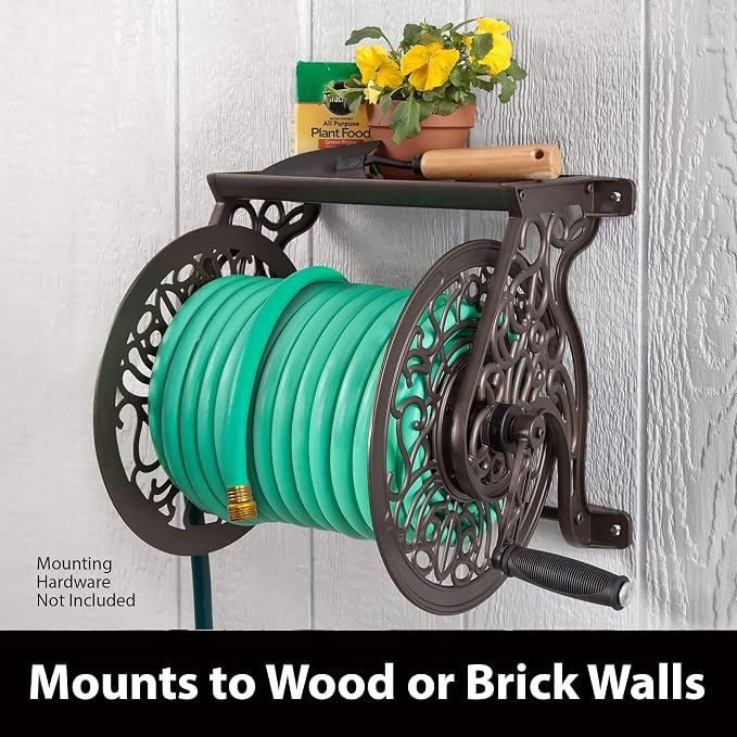 Liberty GARDEN 704 Decorative Cast Aluminum Wall Mount Garden Hose Reel, Holds 125-Feet of 5/8-Inch Hose - Bronze