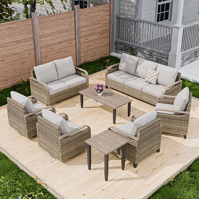 COOS BAY Modern Wicker Outdoor Furniture Set, Patio Conversation Set with Swivel Rockers, Patio Chairs, 3 Seat Couch, Loveseat, Coffee Table and Side Table, 8 Piece, Brown/Gray