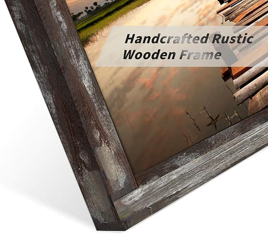 Hardy Gallery Sunset Landscape Painting: Boardwalk Stair to Heavy Sunset Lake Picture Print on Rustic Wood Wall Art Framed (12” x 12”)