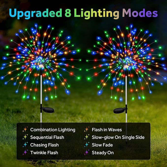 2 Pack 300 LED Solar Garden Lights Outdoor Waterproof Decorative, 8 Modes Firework Lights Solar Powered, Multicolor Sparkler Fairy Light for Yard Patio Pathway Lawn Landscape Flowerbed Party Decor