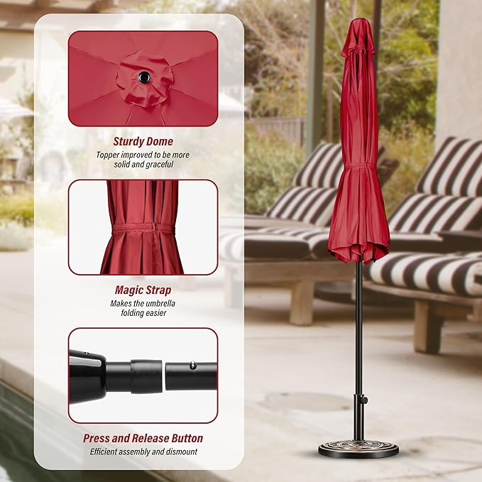 Simple Deluxe 9ft Patio Umbrella Outdoor UV-proof, Table Market Umbrella with Push Button Tilt and Crank, 8 Sturdy Ribs for Garden, Backyard, Pool, Deck, Red