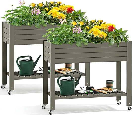 YITAHOME 43.3x17.7x34 in Elevated Garden Bed 2pcs, Outdoor Plastic Planter Box with Wheels, Legs, Drain Plug, and Storage Shelf for Plants, Vegetables, Flowers, Herbs, Light Brown