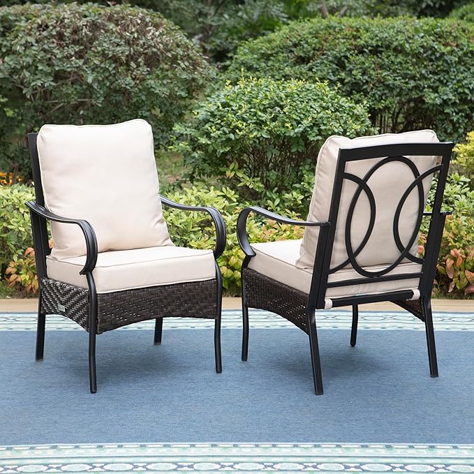 PHI VILLA Outdoor Dining Chairs Set of 2, Heavy Duty Outdoor Metal Wicker Dining Chair with Padded Cushions, Large All Weather Wrought Iron Patio Chair for Balcony