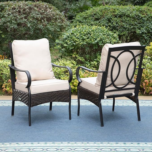 PHI VILLA Outdoor Dining Chairs Set of 2, Heavy Duty Outdoor Metal Wicker Dining Chair with Padded Cushions, Large All Weather Wrought Iron Patio Chair for Balcony