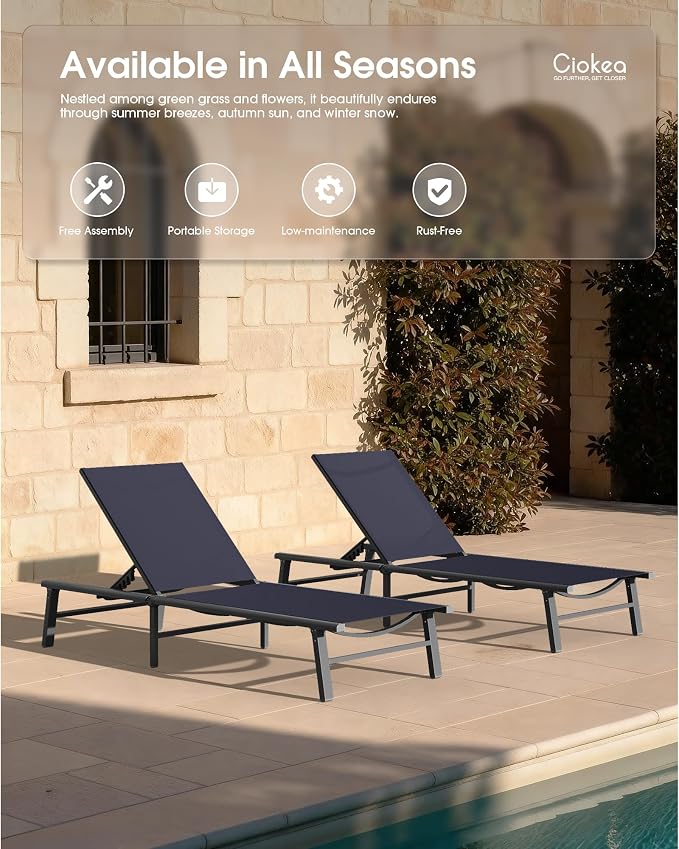 Ciokea Foldable Outdoor Lounge Chair Set of 2, No Assembly Aluminum Chaise Lounge Outdoor with 5 Adjustable Positions, Pool Lounge Chairs with Portable Design for Pool, Deck, Beach, Patio (Navy Blue)
