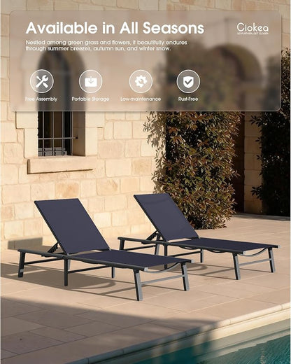 Ciokea Foldable Outdoor Lounge Chair Set of 4, No Assembly Aluminum Chaise Lounge Outdoor with 5-Positions, Aluminum Pool Lounge Chairs with Portable Design for Pool, Deck, Beach, Patio (Navy Blue)