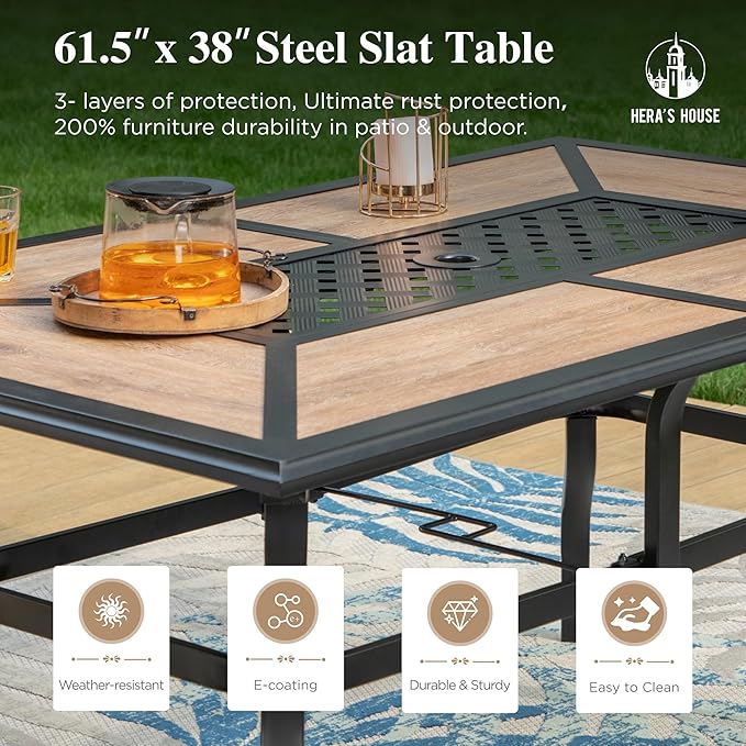 HERA'S HOUSE Patio Table and Chairs Set, 61" Rectangular Outdoor PVC Table with Umbrella Hole, 7 Pieces Outdoor Dining Furniture Sets with 6 Patio Chairs for Backyard Lawn Garden Porch(Red)