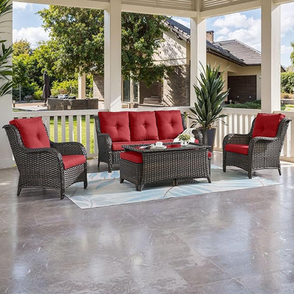HUMMUH Outdoor Furniture 6 Pieces Patio Furniture Set Wicker Outdoor Sectional Sofa with 2 Patio Chairs,Ottomans,Coffee Table(Brown/Red)