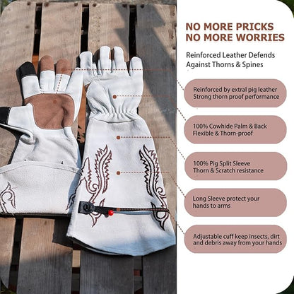 Long Gardening Gloves Thorn Proof for Rose Cactus, Heavy Duty Leather Garden Gloves for Women & Men