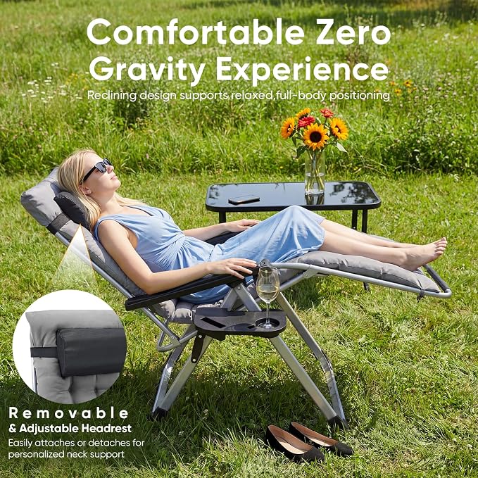 NEWBULIG Zero Gravity Chair, Folding Patio Recliner with Removable Cushion & Cup Holder Trays, Portable Lounge Chair for Beach & Camping, Classic Grey