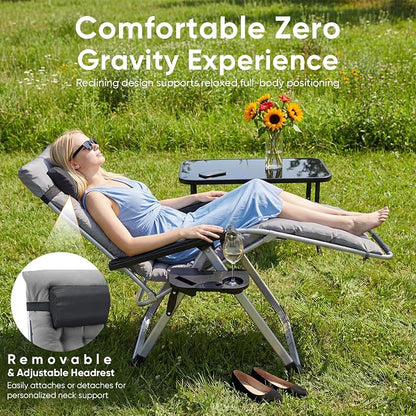 NEWBULIG Set of 2 Zero Gravity Chair, Folding Patio Recliner with Removable Cushion & Cup Holder Trays, Portable Lounge Chair for Beach & Camping, Classic Gray
