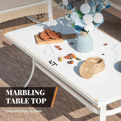 5 Piece Patio Furniture Set, 2 x Rocking Chair, 1 x 2-Seat Sofa, 1 x 3-Seat Sofa with Marbling Coffee Table, All Cushioned 7 Seats Outdoor Conversation Set, Beige