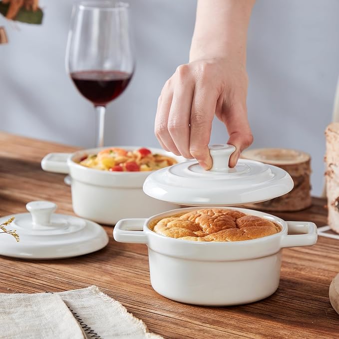 Lareina Mini Cocotte 12oz Ceramic Casserole Dish Set with Lid, White | Small casserole ramekins with handles, oven, microwave & dishwasher safe. Perfect for baking, serving, and individual meals.