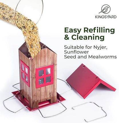 Kingsyard Cute Bird House Feeders for Outside, Hanging Metal Bird Feeder with 4 Ports, Outdoor Garden Yard Decorations for Cardinals Finches Chickadees Goldfinches & Sparrows Birds Watching