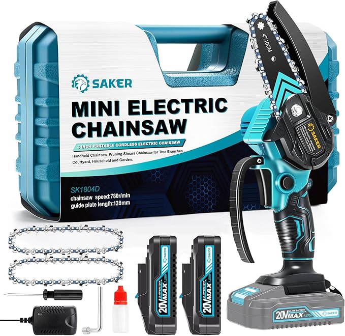 Saker Mini Chainsaw,Portable Electric Cordless Chainsaw,Battery Powered,Small Power Handheld Chain Saws Pruning Shears for Tree Branches,Gifts for Men Women(2 Batteries&3 Chains)