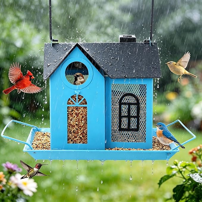 Solar Bird Feeder for Outdoors - Blue Metal Hanging Bird Feeder with Solar Light, Decorative for Wild Cardinals, Finches, Weatherproof Backyard Garden Decor Ideal Gift for Women Mom Grandma