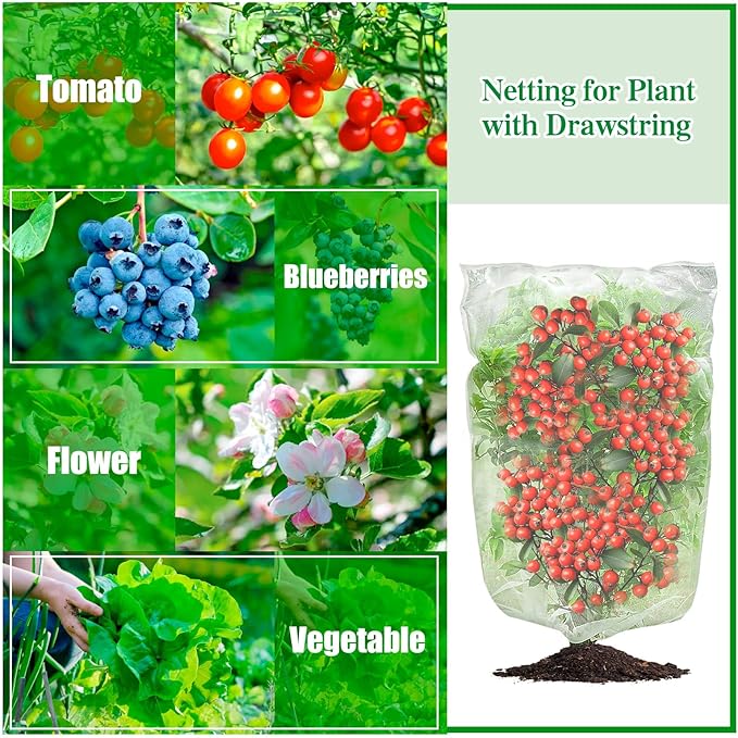 Insect Bird Barrier Mesh, Garden Netting Barrier, Bird Netting, Netting for Plant with Drawstring, 3.5 x 4.6 FT Tomato Protective Cover, Large Potted Fruit Protectors Cover for Blueberry Bushes