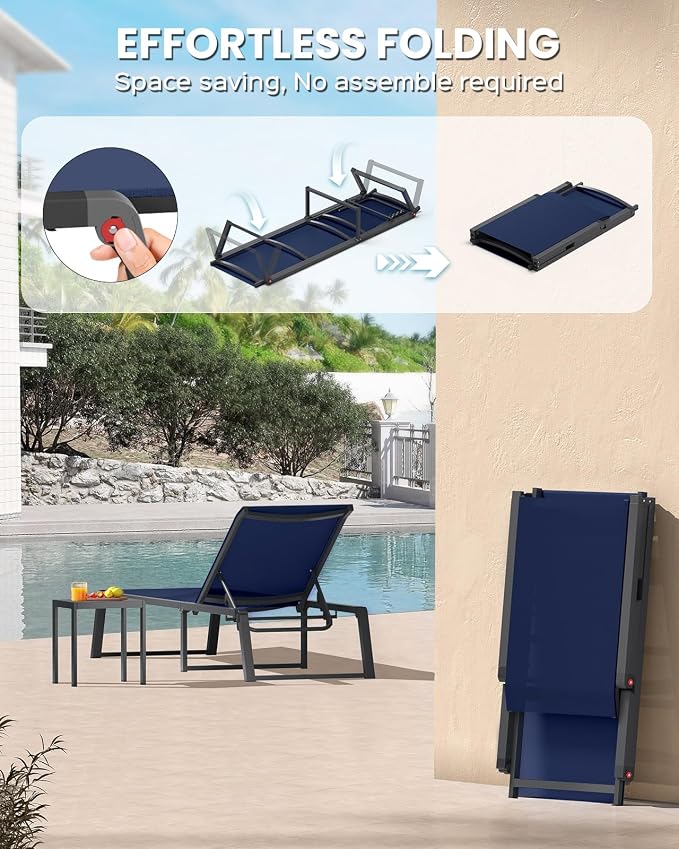 Aluminum Chaise Lounge Chair Outdoor, Foldable& No Assembly Patio Pool Lounge Chairs 5-Position Recliner for Outside, Fully Grounded Legs Sun Lounger for Poolside, Navy Blue, 2 Pack