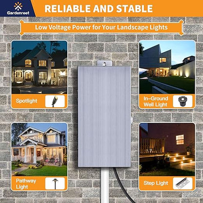Gardenreet 300W Low Voltage Landscape Lighting Transformer - ETL Listed IP65 Multi-Tap (120V AC to 12V-13V-14V-15V AC) with Mechanical Timer, Stainless Steel Shield for Outdoor, Spotlight, Path Light