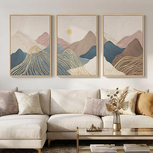 Framed Neutral Abstract Mountain Wall Art for Living Room, 3 Piece Large Landscape Print Canvas Artwork for Walls, Boho Modern Minimalist Paintings for Dining Room Office Hallway Wall Decor, 24x36 In