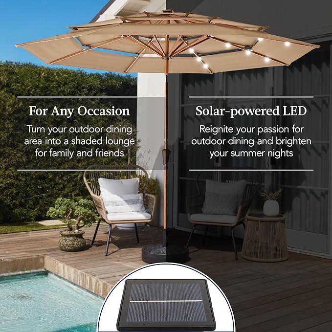 Best Choice Products 10ft 3-Tier Solar Patio Market Umbrella, Outdoor Sun Shade for Backyard, Deck, Poolside, Table w/Woodgrain Pattern, LED Lights, Tilt Adjustment - Tan