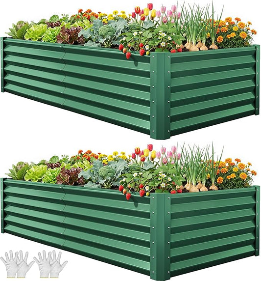 YITAHOME 6x3x1.5 2pcs Large Raised Garden Bed Kit, Galvanized Metal Planter Box with Gloves, Support Rod, Outdoor Above Ground Planters for Plants Vegetables Flowers, Green