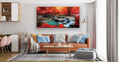 Muolunna BK03975 Wall Art Decor Canvas Print Picture Red Forest Waterfalls 1 Piece Modern Landscape Tree for Living Room Bedroom Kitchen Office Home Decorations Stretched and Framed Ready to Hang