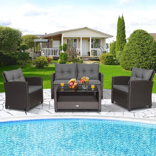 HAPPYGRILL 4-Piece Patio Conversation Set Rattan Wicker Chair Furniture Set with 1 Loveseat, 2 Single Sofas, 1 Coffee Table, Outdoor Furniture Set for Backyard Porch Garden Poolside Balcony (Grey)