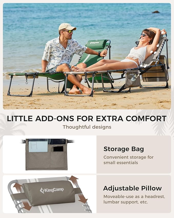 KingCamp Tanning Chair with Face Hole, Lounge Chairs Outdoor Folding Portable Comfy Adjustable 5-Position Foldable Chaise Chaser with Canopy Shade for Outside Beach Patio Sun Bathing Pool, Beige/White