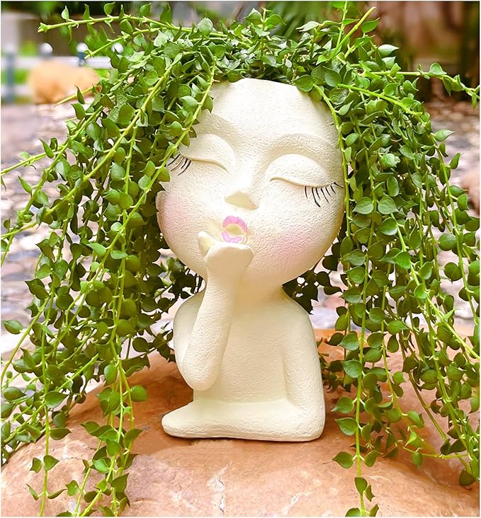 Face Planter Pots Resin Air Kiss Head Face Planter Standing Flower Pots for Trailing Plants Handcrafted Succulent Planter Pot for Indoor and Outdoor Plants Pale Yellow 1Pack