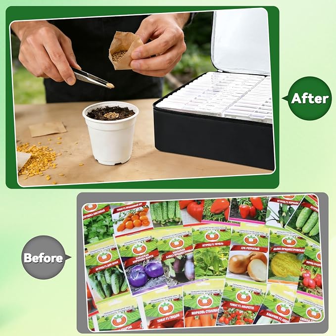 26 Slots Seed Storage Organizer Box, Reusable Oxford Cloth Seeds Storage Container, Holds 80-200 Envelopes, Garden Seed Packet with Insulated Bag and Label Stickers for Vegetable Flower Plants