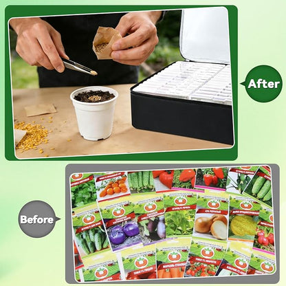 26 Slots Seed Storage Organizer Box, Reusable Oxford Cloth Seeds Storage Container, Holds 80-200 Envelopes, Garden Seed Packet with Insulated Bag and Label Stickers for Vegetable Flower Plants
