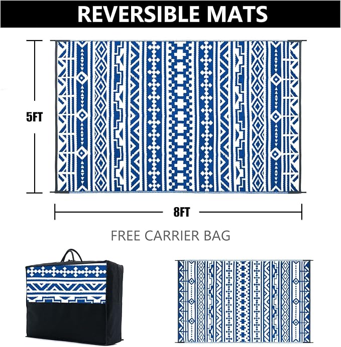 HUGEAR Outdoor Plastic Straw Rug, Waterproof Outdoor Rugs for Patios Clearance, Reversible Area Rug, Large Outside Carpet for Camping, Balcony, RV, Deck, Picnic, Beach 5x8ft Geometric Boho Blue&White