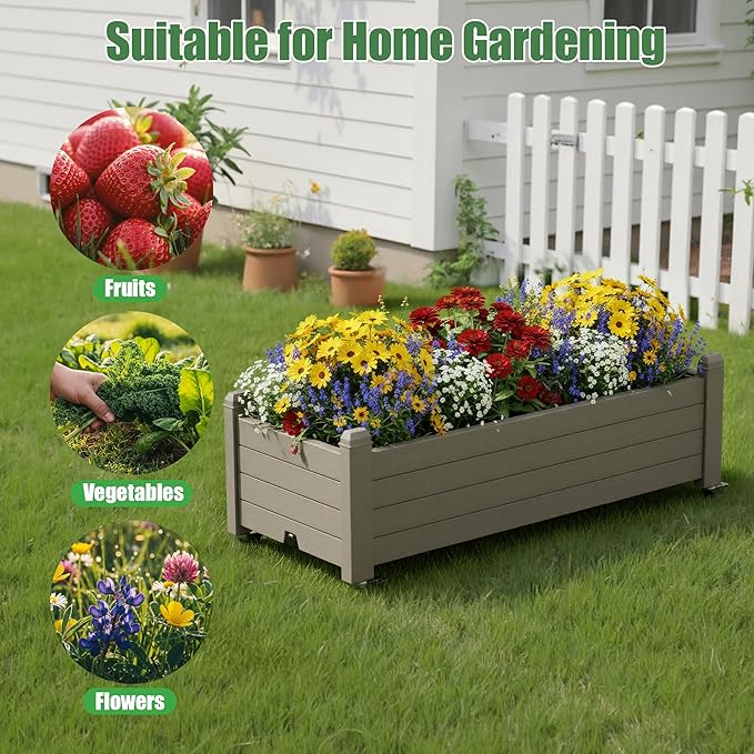 Raised Garden Bed with Wheels Outdoor, Resin Planter Box with Drain Hole and Water Level Detector for Backyard, Patio, Balcony(Gray)