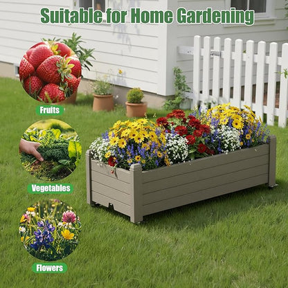 Raised Garden Bed with Wheels Outdoor, Resin Planter Box with Drain Hole and Water Level Detector for Backyard, Patio, Balcony(Gray)