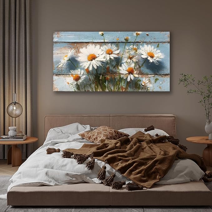 JLXART White Daisy Flowers Large Wall Art 30x58inch Canvas Decor Watercolor Floral Prints on Wood Background Pictures for Kitchen Bathroom Home