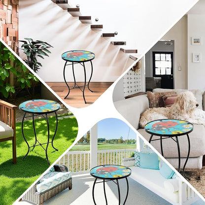 Small Side Table with Metal Frame, 10.5" Round Side Tables with Seven-Spotted Ladybug Pattern,Outdoor Table for Balcony,Terrace,Garden,Living Room