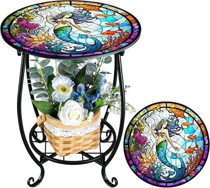 Cinnvoice Outdoor Side Table Round Small Mosaic Patio Accent Indoor End Plant Coffee Tea Table for Yard Patio Porch Garden Living Room, Bedroom(Mermaid Style,14 Inch)