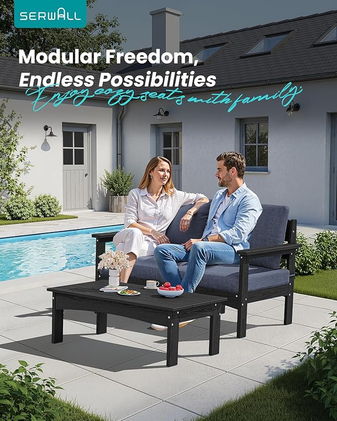 SERWALL 3 Pieces Patio Conversation Set, All-Weather HDPE Outdoor Sofas with Cushions and Coffee Table, Modular Sectional Furniture for Deck, Garden, Backyard, Black Frame with Grey Cushion