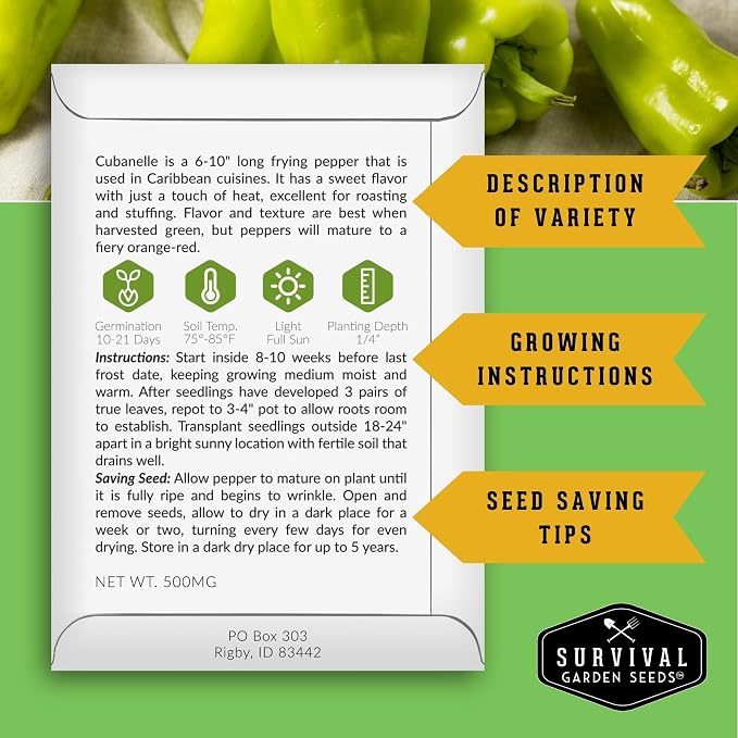4 Variety Pack Pepper Seed Collection | Jalapeño, Serrano, Cubanelle & California Wonder | Heirloom Non-GMO Hot & Sweet Peppers | Survival Garden Seeds