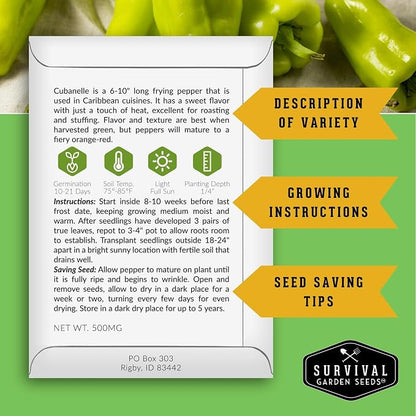 4 Variety Pack Pepper Seed Collection | Jalapeño, Serrano, Cubanelle & California Wonder | Heirloom Non-GMO Hot & Sweet Peppers | Survival Garden Seeds