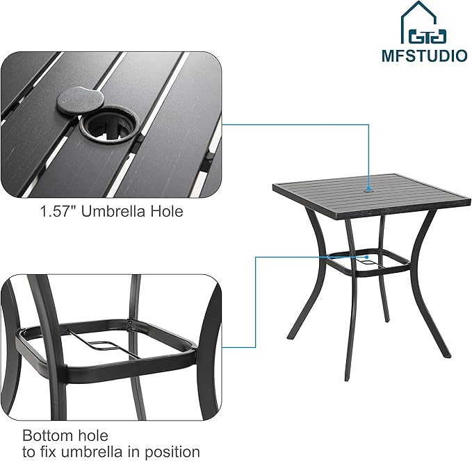 MFSTUDIO 3 PCS Outdoor Patio Bar Sets, 2 Swivel Bar Height Chairs and 1 Metal Bar Table,2 Pack Seat Cushions, Adjust Screw Feet, Black