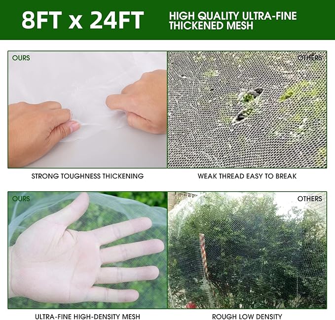 Garden Netting Kit for Raised Beds, 8x24Ft Ultra Fine Mesh Netting with 6 Sets Garden Hoops, Plant Row Cover Insect Netting Birds Pest Barrier Net for Vegetable Fruit Flowers